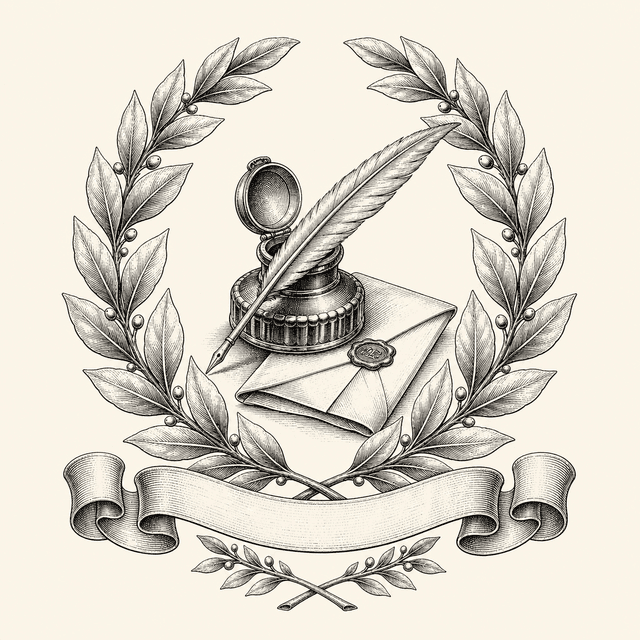 Engraved emblem: a quill, inkwell and sealed letter within a laurel wreath
